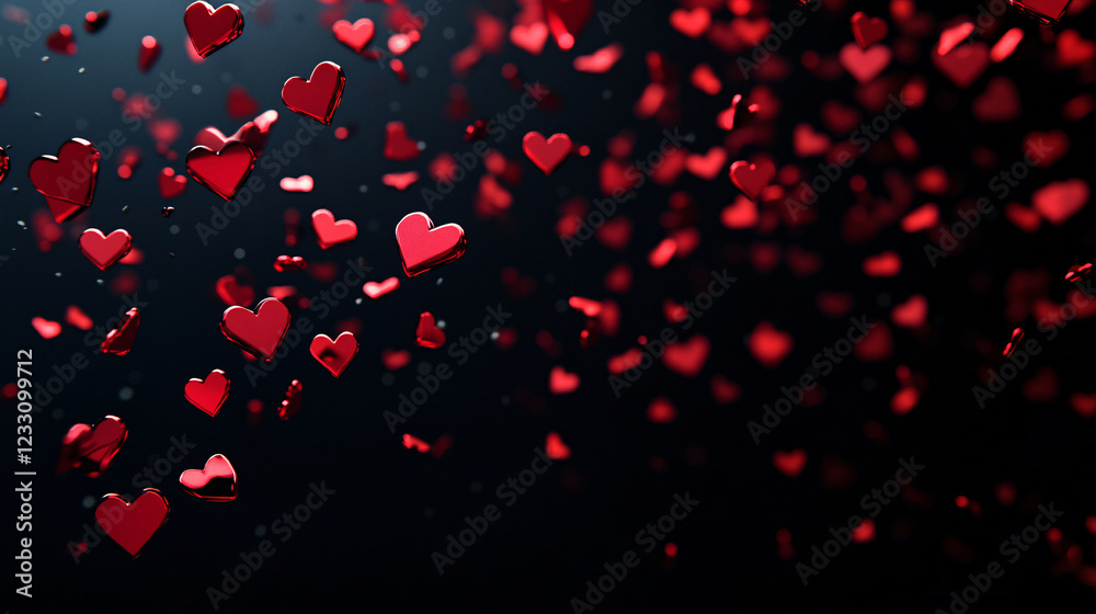 Red flat hearts of different sizes falling on a black background Red flat hearts of different sizes falling on a black background