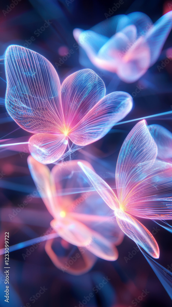 Vibrant abstract glowing butterflies with neon hues on dark background Vibrant abstract glowing butterflies with neon hues on dark background