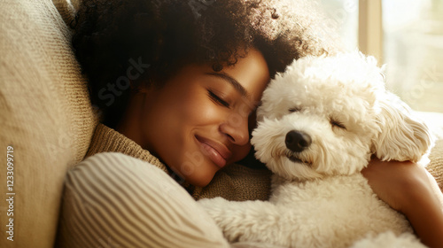 Woman enjoying pet cuddle despite pet dander allergies at home photo