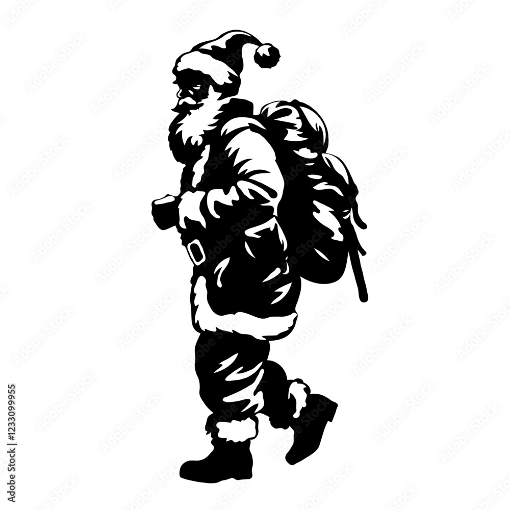 Fototapeta premium Santa Claus silhouette in a walking pose carrying a sack, depicted in a black-and-white graphic style on a white background, concept of Christmas