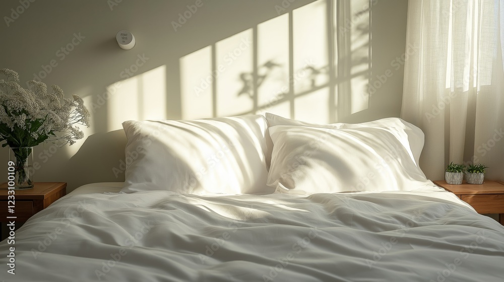 Obraz premium Cozy bedroom setting casting shadows on a neatly made bed and fresh flowers