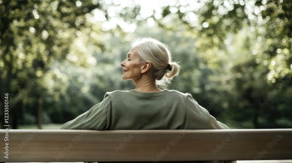 Fototapeta premium Elderly caucasian female relaxing outdoors on bench in serene park setting