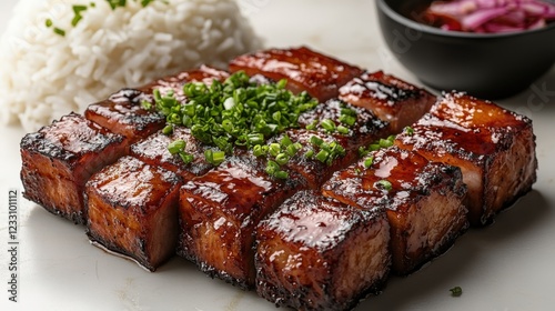 Delicious char siu pork served with steamed rice and fresh green onions photo