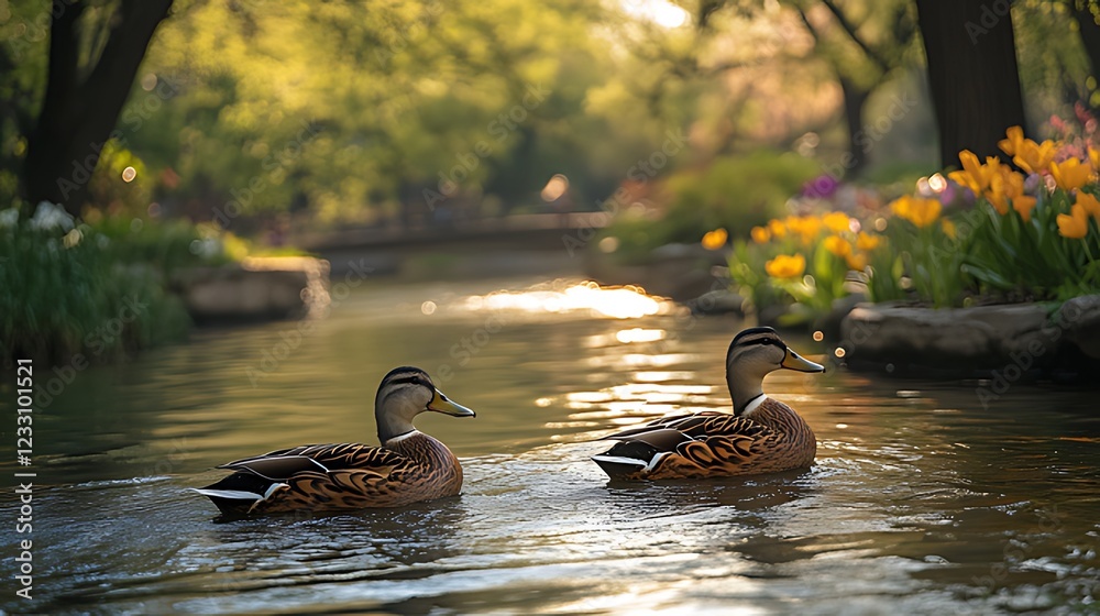 Fototapeta premium Ducks swimming park canal sunset tulips