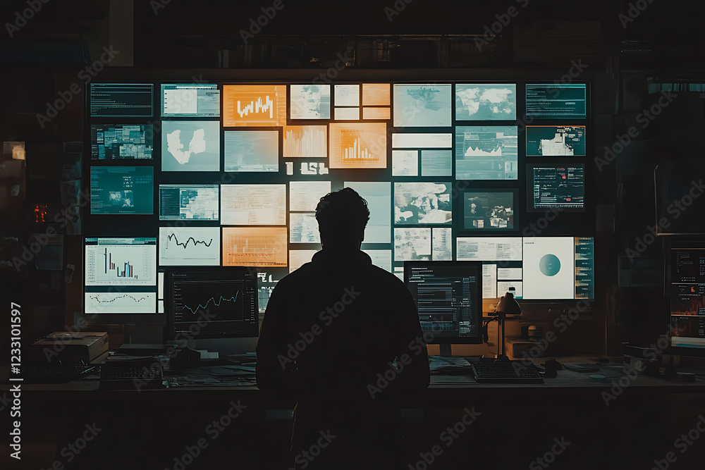 Glowing wireframe of a data analyst surrounded by digital data Glowing wireframe of a data analyst surrounded by digital data