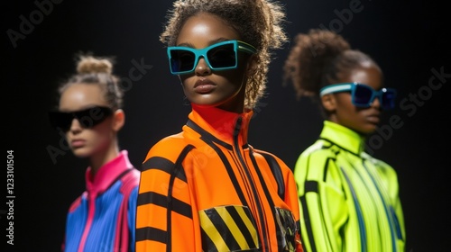 A fashion show featuring three models in vibrant outfits and sunglasses.