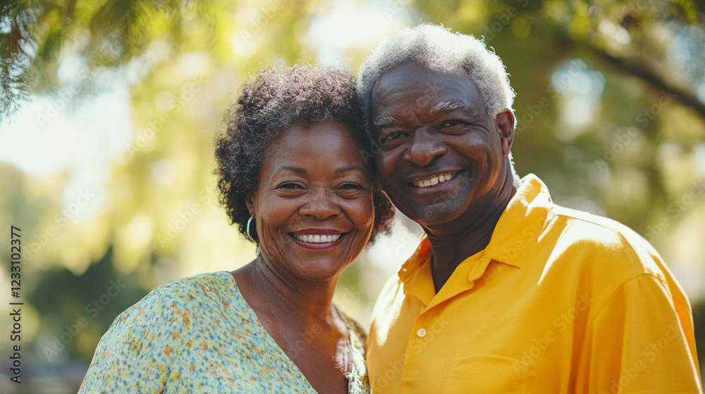 Happy senior african american couple smiling together outdoors in a park Happy senior african american couple smiling together outdoors in a park