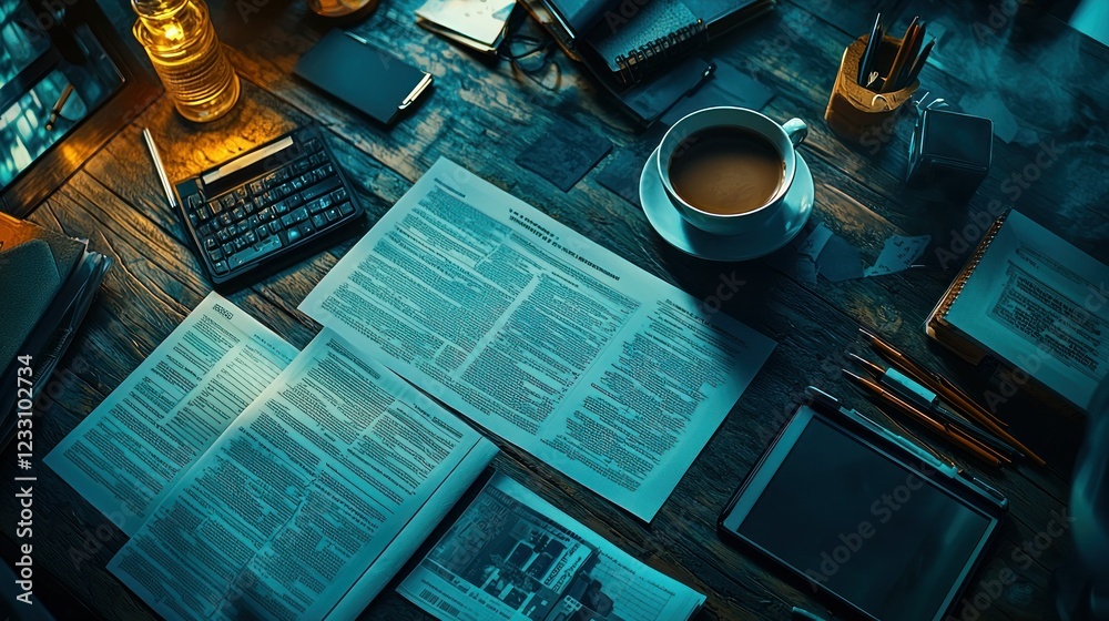 Documents, coffee, devices on desk late night work session