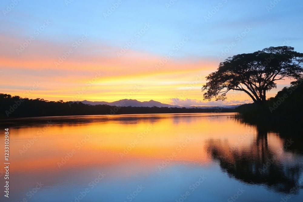 A beautiful sunset over a calm lake with a tree in the foreground. The sky is a mix of orange and pink hues, creating a serene and peaceful atmosphere A beautiful sunset over a calm lake with a tree in the foreground. The sky is a mix of orange and pink hues, creating a serene and peaceful atmosphere