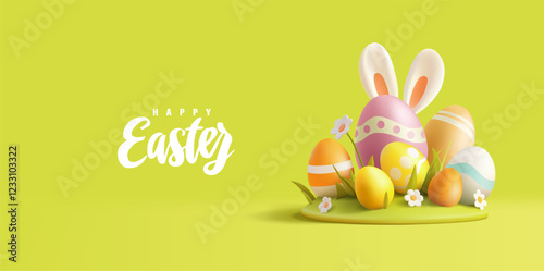 Happy Easter. 3D Easter eggs, grass, daisies, bunny ears. Green banner for celebration and Easter greetings. Vector