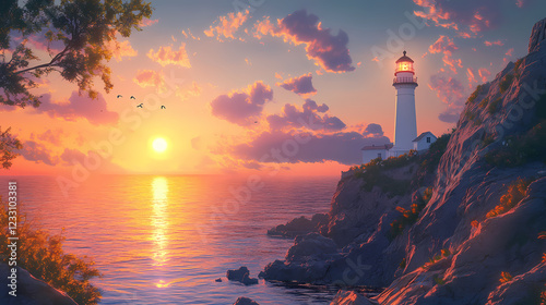 A white lighthouse stands on a rocky cliff overlooking a calm sea at sunset. Twilight Cliff. Illustration