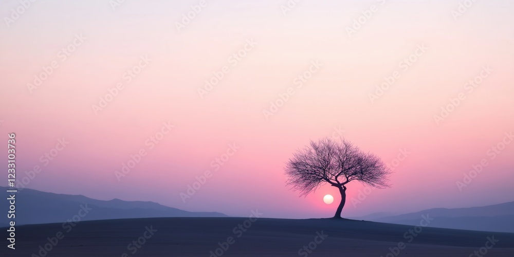 Obraz premium A tree stands alone in a field with a pink and orange sky in the background. The tree is silhouetted against the sky, and the sun is setting in the distance. The scene is peaceful and serene