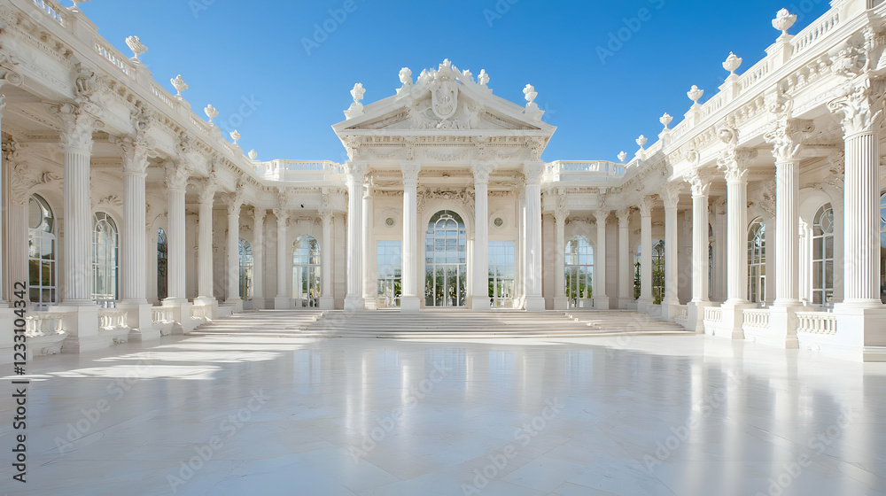Obraz premium Grand white palace courtyard, sunny day, luxury resort