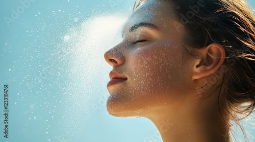 A woman spraying mist over her face under bright natural light
