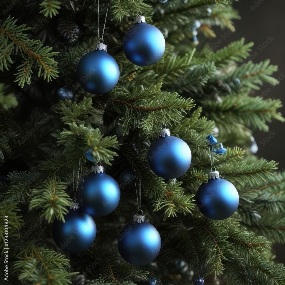 Filled Christmas tree with blue and clear ornaments hung loosely on thick fir branches, frosty atmosphere, loose hanging ornaments, shimmering lights Filled Christmas tree with blue and clear ornaments hung loosely on thick fir branches, frosty atmosphere, loose hanging ornaments, shimmering lights