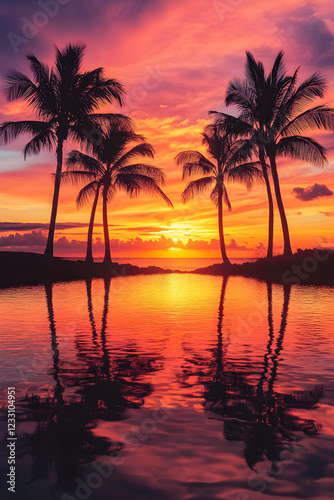 Serene Sunset Over Tranquil Waters Framed by Gently Swaying Palm Silhouettes in a Tropical Retreat