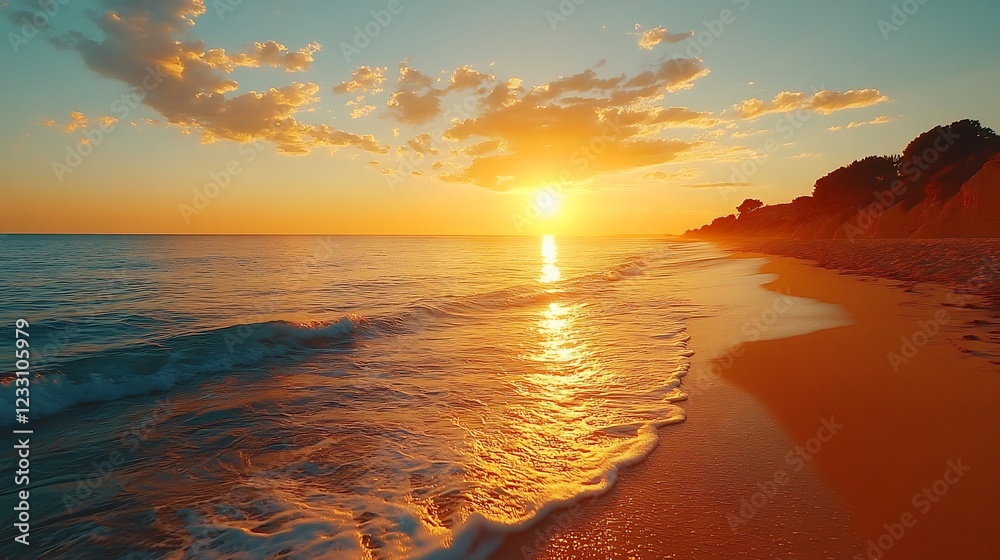© Auraclicks - Golden sunset over calm ocean with gentle waves lapping at the shore perfect for peaceful nature vacation and beach scenes © Auraclicks - Golden sunset over calm ocean with gentle waves lapping at the shore perfect for peaceful nature vacation and beach scenes