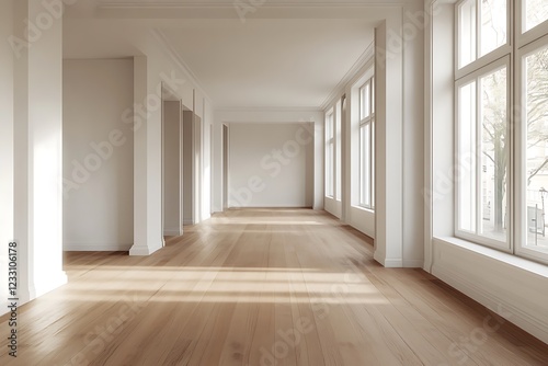 Wallpaper Mural a 3D-rendered minimalist living room in a modern mid-century design, emphasizing an empty space with white walls and wooden floors. Torontodigital.ca