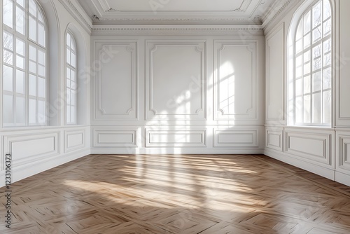 a 3D-rendered minimalist living room featuring a modern mid-century design, highlighting an empty area with white walls and wooden floors. photo