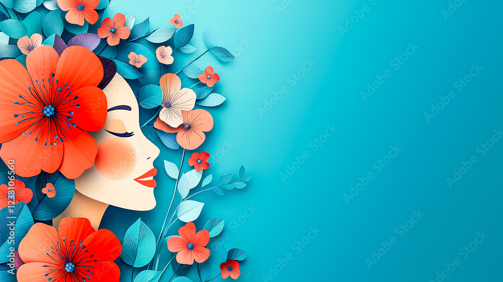 Obraz premium Paper-cut style poster of poetic floral profile highlighting Womans Day. Woman grace unfolding through refined outlines, grace elevating vibrant design. Concept of grace echoing personal empowerment