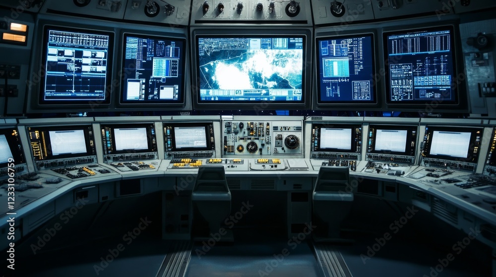 An advanced space exploration command center, high-tech consoles and mission control displays in a space agency facility, High-tech style An advanced space exploration command center, high-tech consoles and mission control displays in a space agency facility, High-tech style
