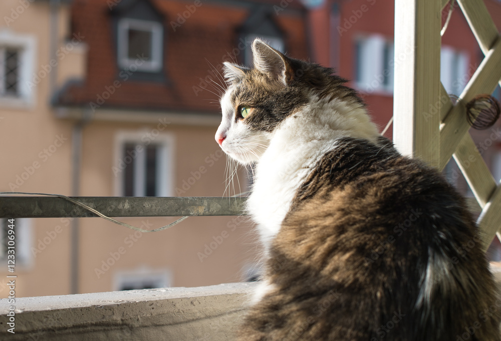 Fluffy domestic cat enjoing sun on a balcony Fluffy domestic cat enjoing sun on a balcony