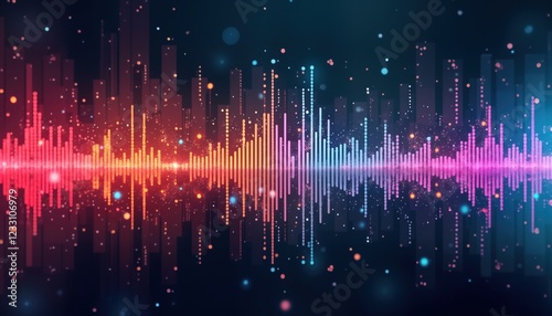 Abstract colorful sound wave visualization displays dynamic data patterns. Vibrant spectrum of colors represents audio frequency energy. Modern design concept for music tech, creative media, digital photo