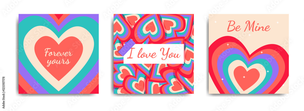 Retro Valentine's day card set with colorful hearts and romantic messages. Vector illustration Retro Valentine's day card set with colorful hearts and romantic messages. Vector illustration