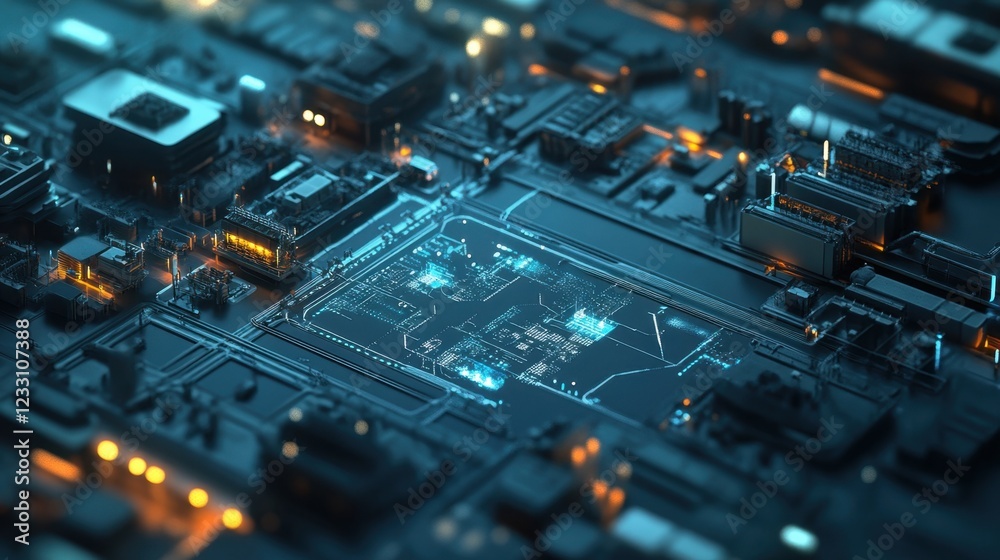 A futuristic concept of a fully connected digital factory on a deep blue background. A futuristic concept of a fully connected digital factory on a deep blue background.
