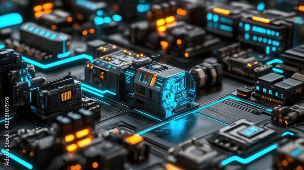 A futuristic factory with glowing blue energy circuits symbolizing automation on a black background.