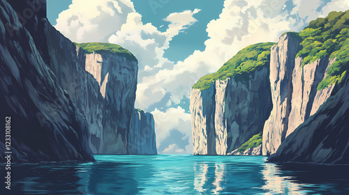 Towering cliffs enclose a tranquil blue sea inlet with a cloudy sky above. Indigo Cliff. Illustration