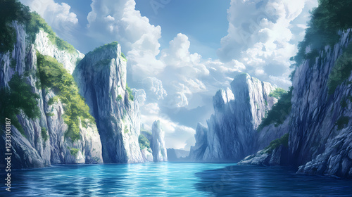 Towering cliffs enclose a tranquil blue sea inlet with a cloudy sky above. Indigo Cliff. Illustration