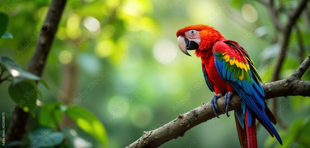 Obraz premium Colorful macaw perched on tree branch. Bright parrot with vibrant colors. Exotic bird in tropical jungle. Closeup shot of beautiful bird. Amazing nature scene. Parrot on wood branch. Wildlife