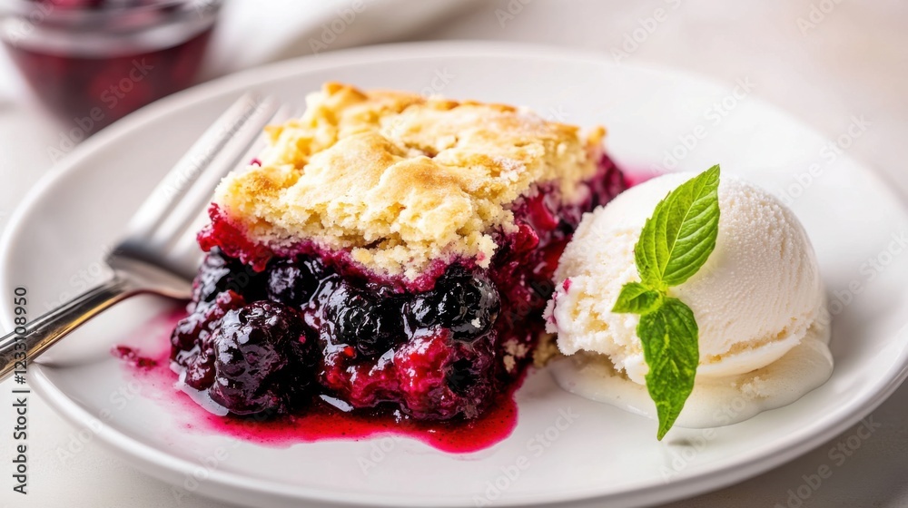 A slice of homemade berry cobbler with a golden biscuit topping and a scoop of vanilla ice cream on the side, placed on a plain white plate, Slice centered with a slightly angled view A slice of homemade berry cobbler with a golden biscuit topping and a scoop of vanilla ice cream on the side, placed on a plain white plate, Slice centered with a slightly angled view