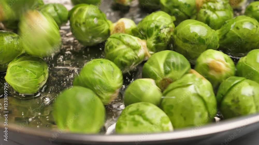 Juicy green bright many sprouts brussels sprouts falling into hot vegetable oil in a stainless steel frying pan. Frying fresh brussels sprouts. Vegetarian cook food. Diet and balanced nutrition Juicy green bright many sprouts brussels sprouts falling into hot vegetable oil in a stainless steel frying pan. Frying fresh brussels sprouts. Vegetarian cook food. Diet and balanced nutrition