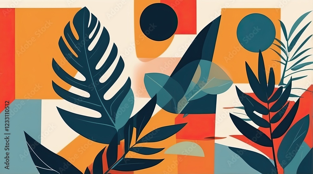 Colorful abstract composition featuring geometric shapes and tropical leaves displayed in a vibrant design Colorful abstract composition featuring geometric shapes and tropical leaves displayed in a vibrant design