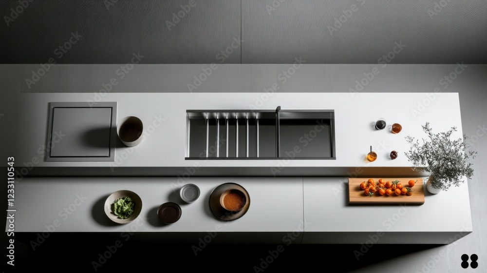 A minimalist modern kitchen with handleless cabinets, white surfaces, and a simple aesthetic, top view. A minimalist modern kitchen with handleless cabinets, white surfaces, and a simple aesthetic, top view.