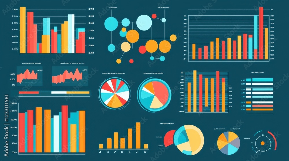A set of colorful bar graphs and pie charts on a deep teal background. A set of colorful bar graphs and pie charts on a deep teal background.
