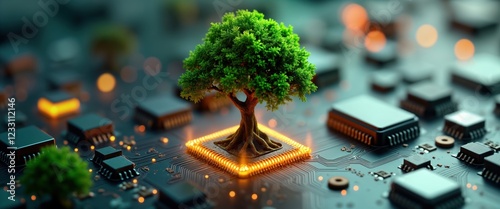 Tech eco integration. Green tree growing from microchip on circuit board. Glowing tech components. Innovative nature eco system. Digital nature. Sustainable future concept. Tech innovation.