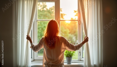 Woman opens window curtains in cozy home room. Enjoys morning light, fresh air. Relaxing weekend at home. Happy, peaceful moment. New day begins. Attractive woman looks at garden view. Indoor scene.