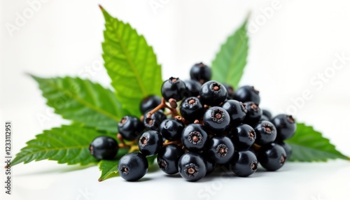Fresh black elderberries with green leaves isolated on white background. European elderberry plant. Healthy, natural fruit. Possible use as food medicine. Natural antioxidant. Good for health.