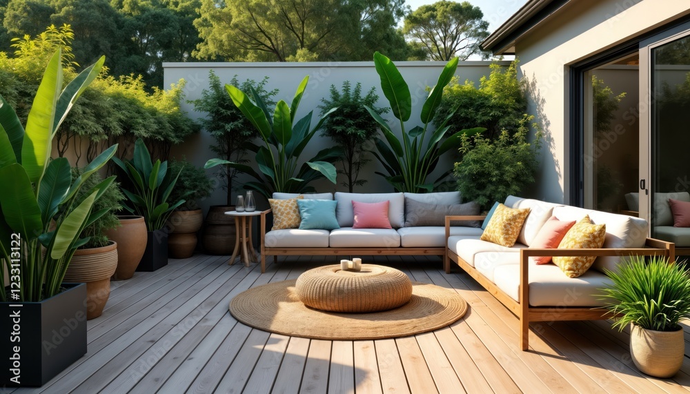 Obraz premium Stylish outdoor terrace area with cozy furniture, green plants. Stylish wooden deck with comfortable seating. Relaxing atmosphere for home back yard. Sunny spot in home backyard perfect for relaxing.