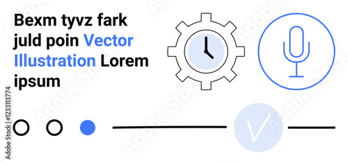 Abstract interface elements arranged around a clock gear, a microphone icon, and dummy text. Ideal for user interface, user experience, digital products, web development, time management, media