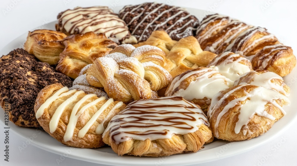 Assorted danish pastries with icing and chocolate on a white plate Assorted danish pastries with icing and chocolate on a white plate