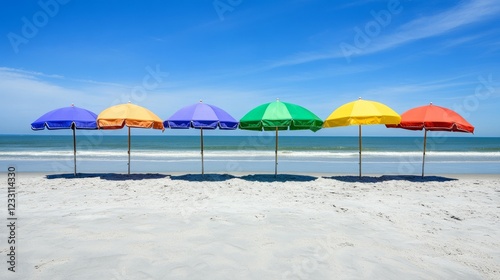 Colorful beach umbrellas lined up on sandy shore under blue sky