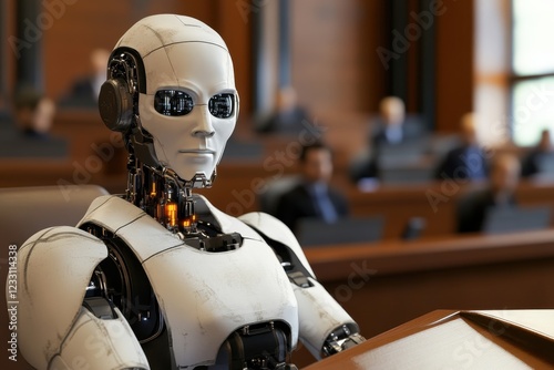 Robotic figure presiding over a courtroom in a futuristic legal setting photo