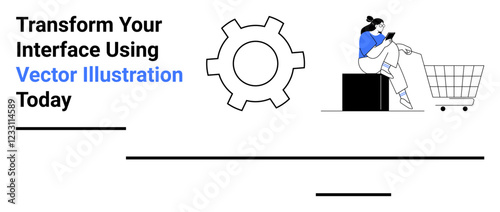 Gear and woman using a smartphone next to a shopping cart. Ideal for e-commerce, technology, productivity, online shopping, UI design, software solutions, and innovation. Perfect for a flat landing