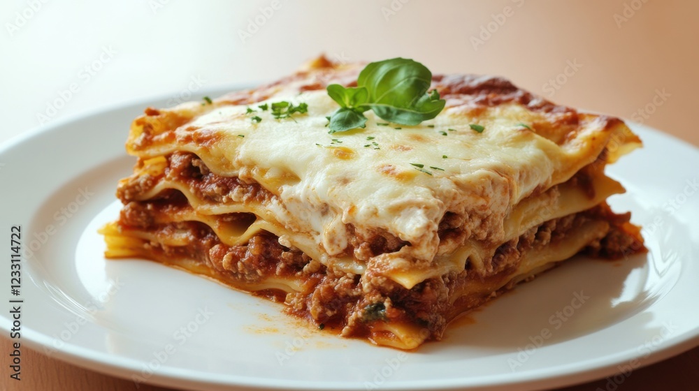 A slice of homemade lasagna with layers of pasta, cheese, and rich meat sauce A slice of homemade lasagna with layers of pasta, cheese, and rich meat sauce