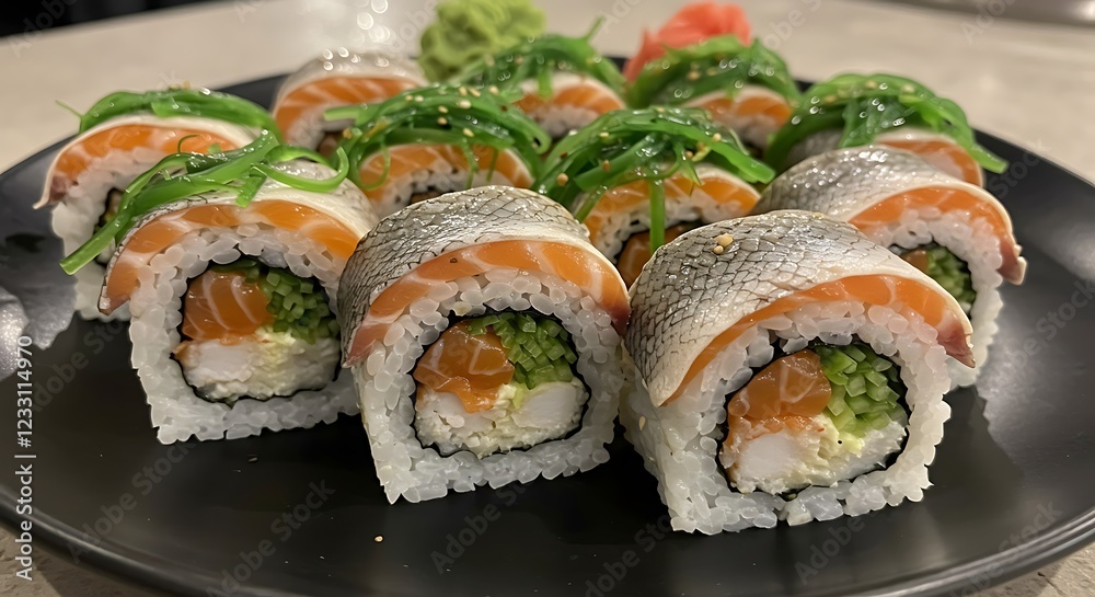Delicious Salmon and Pike Sushi Rolls with Seaweed Delicious Salmon and Pike Sushi Rolls with Seaweed