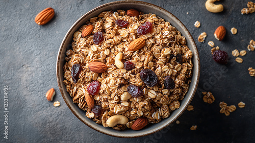 A Bowl of Delicious Homemade Granola with Nuts and Dried Fruits photo